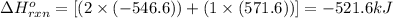 \Delta H^o_{rxn}=[(2\times (-546.6))+(1\times (571.6))]=-521.6kJ