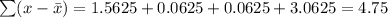 \sum (x-\bar x)=1.5625+0.0625+0.0625+3.0625=4.75