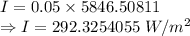 I=0.05\times 5846.50811\\\Rightarrow I=292.3254055\ W/m^2
