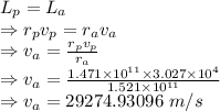 L_p=L_a\\\Rightarrow r_pv_p=r_av_a\\\Rightarrow v_a=\frac{r_pv_p}{r_a}\\\Rightarrow v_a=\frac{1.471\times 10^{11}\times 3.027\times 10^{4}}{1.521\times 10^{11}}\\\Rightarrow v_a=29274.93096\ m/s
