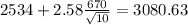 2534+2.58\frac{670}{\sqrt{10}}=3080.63