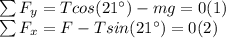 \sum F_y=Tcos(21^\circ)-mg=0(1)\\\sum F_x=F-Tsin(21^\circ)=0(2)