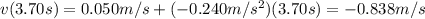 v(3.70 s) = 0.050 m/s + (-0.240 m/s^2)(3.70 s)=-0.838 m/s