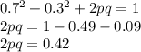 0.7^ 2+ 0.3^2 + 2pq = 1\\2pq = 1- 0.49-0.09\\2pq = 0.42