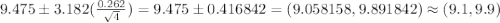 9.475 \pm 3.182(\frac{0.262}{\sqrt{4}} ) = 9.475 \pm 0.416842 =(9.058158,9.891842) \approx (9.1,9.9)