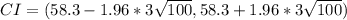 CI = (58.3 - 1.96 * 3\sqrt{100} , 58.3 + 1.96 * 3\sqrt{100})
