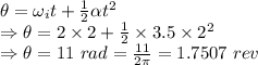 \theta=\omega_it+\frac{1}{2}\alpha t^2\\\Rightarrow \theta=2\times 2+\frac{1}{2}\times 3.5\times 2^2\\\Rightarrow \theta=11\ rad=\frac{11}{2\pi}=1.7507\ rev