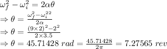 \omega_f^2-\omega_i^2=2\alpha \theta\\\Rightarrow \theta=\frac{\omega_f^2-\omega_i^2^2}{2\alpha}\\\Rightarrow \theta=\frac{(9\times 2)^2-2^2}{2\times 3.5}\\\Rightarrow \theta=45.71428\ rad=\frac{45.71428}{2\pi}=7.27565\ rev