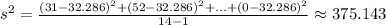s^2=\frac{(31 - 32.286)^2 +(52-32.286)^2+ ... + (0 -32.286)^2}{14 - 1}\approx 375.143