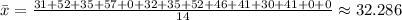 \bar x=\frac{31+52+35+57+0+32+35+52+46+41+30+41+0+0}{14}\approx32.286