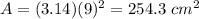 A=(3.14)(9)^{2}=254.3\ cm^2