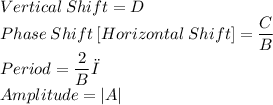 \displaystyle Vertical\:Shift = D \\ Phase\:Shift\:[Horizontal\:Shift] = \frac{C}{B} \\ Period = \frac{2}{B}π \\ Amplitude = |A|