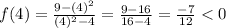 f(4)=   \frac{9-(4)^2}{(4)^2-4}  = \frac{9-16}{16-4}  = \frac{-7}{12}