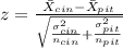 z=\frac{\bar X_{cin}-\bar X_{pit}}{\sqrt{\frac{\sigma^2_{cin}}{n_{cin}}+\frac{\sigma^2_{pit}}{n_{pit}}}}