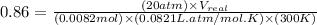 0.86=\frac{(20atm)\times V_{real}}{(0.0082mol)\times (0.0821L.atm/mol.K)\times (300K)}