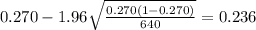 0.270 - 1.96 \sqrt{\frac{0.270(1-0.270)}{640}}=0.236