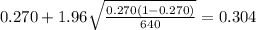 0.270 + 1.96 \sqrt{\frac{0.270(1-0.270)}{640}}=0.304