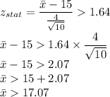 z_{stat} = \displaystyle\frac{\bar{x} - 15}{\frac{4}{\sqrt{10}} }  1.64\\\\\bar{x} - 151.64\times \frac{4}{\sqrt{10}}\\\bar{x} - 152.07\\\bar{x}  15+2.07\\\bar{x}  17.07
