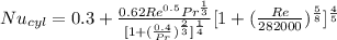 Nu_{cyl}= 0.3 + \frac{0.62Re^{0.5}Pr^{\frac{1}{3}}}{[1+(\frac{0.4}{Pr})^{\frac{2}{3}}]^{\frac{1}{4}}}[1+(\frac{Re}{282000})^{\frac{5}{8}}]^{\frac{4}{5}}