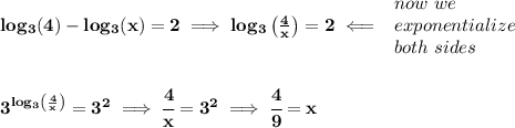 \bf log_3(4)-log_3(x)=2\implies log_3\left( \frac{4}{x} \right)=2\impliedby &#10;\begin{array}{llll}&#10;now\ we\\&#10;exponentialize\\&#10;both\ sides&#10;\end{array}&#10;\\\\\\&#10;3^{log_3\left( \frac{4}{x} \right)}=3^2\implies \cfrac{4}{x}=3^2\implies \cfrac{4}{9}=x