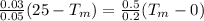\frac{0.03}{0.05 }(25 -T_{m})=\frac{0.5}{0.2}(T_{m} -0})