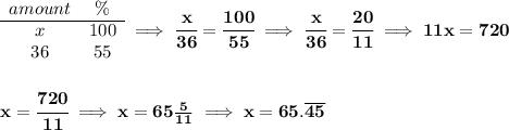 \bf \begin{array}{ccll} amount&\%\\ \cline{1-2} x&100\\ 36&55 \end{array}\implies \cfrac{x}{36}=\cfrac{100}{55}\implies \cfrac{x}{36}=\cfrac{20}{11}\implies 11x=720 \\\\\\ x = \cfrac{720}{11}\implies x = 65\frac{5}{11}\implies x = 65.\overline{45}
