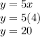 y = 5x\\y = 5(4)\\y=20
