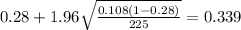 0.28 + 1.96 \sqrt{\frac{0.108(1-0.28)}{225}}=0.339