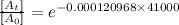 \frac {[A_t]}{[A_0]}=e^{-0.000120968\times 41000}