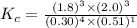 K_c=\frac{(1.8)^3\times (2.0)^3}{(0.30)^4\times (0.51)^1}