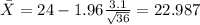 \bar X= 24 -1.96 \frac{3.1}{\sqrt{36}}=22.987