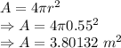 A=4\pi r^2\\\Rightarrow A=4\pi 0.55^2\\\Rightarrow A=3.80132\ m^2