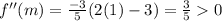 f''(m)=\frac{-3}{5}(2(1)-3)=\frac{3}{5}0