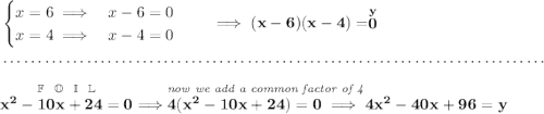 \bf \begin{cases} x = 6\implies &x-6=0\\ x= 4\implies &x-4 = 0 \end{cases}\qquad \implies (x-6)(x-4)=\stackrel{y}{0} \\\\[-0.35em] ~\dotfill\\\\ \stackrel{\mathbb{F~~O~~I~~L}}{x^2-10x+24 = 0}\implies \stackrel{\textit{now we add a common factor of 4}~\hfill }{4(x^2-10x+24)=0\implies 4x^2-40x+96=y}