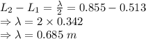 L_2-L_1=\frac{\lambda}{2}=0.855-0.513\\\Rightarrow \lambda=2\times 0.342\\\Rightarrow \lambda=0.685\ m