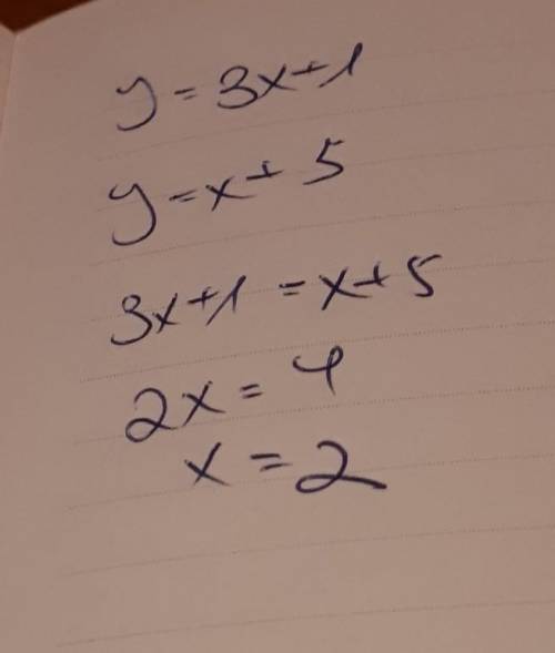 Consider the equations:  y = 3x + 1 and y = x + 5