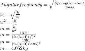 Angular frequency=\sqrt{\frac{Spring Constant}{mass} }\\ w=\sqrt{\frac{k}{m} }\\  w^{2}=\frac{k}{m}\\  m=\frac{k}{w^{2} }\\  m=\frac{1391}{(2*(3.14)*f)^{2} }\\ m=\frac{1391}{(2*(3.14)*2.95)^{2} }\\ m=4.052kg
