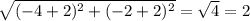 \sqrt{(-4+2)^2+(-2+2)^2}= \sqrt{4}=2