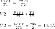 \frac{P1V1}{T1} = \frac{P2V2}{T2} \\\\V2 = \frac{P1V1}{T1} * \frac{T2}{P2} \\\\V2 = \frac{1*10.0}{273} * \frac{785}{2} = 14.4 L