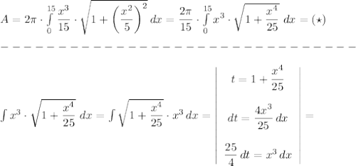 A=2\pi\cdot\int\limits_0^{15}\dfrac{x^3}{15}\cdot\sqrt{1+\left(\dfrac{x^2}{5}\right)^2}\, dx=\dfrac{2\pi}{15}\cdot\int\limits_0^{15}x^3\cdot\sqrt{1+\dfrac{x^4}{25}}\,\, dx=\left(\star\right)\\\\-------------------------------\\\\&#10;\int x^3\cdot\sqrt{1+\dfrac{x^4}{25}}\,\,dx=\int\sqrt{1+\dfrac{x^4}{25}}\cdot x^3\,dx=\left|\begin{array}{c}t=1+\dfrac{x^4}{25}\\\\dt=\dfrac{4x^3}{25}\,dx\\\\\dfrac{25}{4}\,dt=x^3\,dx\end{array}\right|=\\\\\\