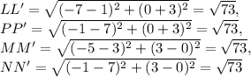 LL'=\sqrt{(-7-1)^2+(0+3)^2}=\sqrt{73} ,\\  PP'=\sqrt{(-1-7)^2+(0+3)^2}=\sqrt{73} ,\\ MM'=\sqrt{(-5-3)^2+(3-0)^2}=\sqrt{73} ,\\   NN'=\sqrt{(-1-7)^2+(3-0)^2}=\sqrt{73}