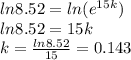 ln8.52=ln(e^{15k})\\ln8.52=15k\\k=\frac{ln8.52}{15}=0.143