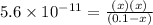 5.6\times 10^{-11}=\frac{(x)(x)}{(0.1-x)}