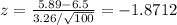 z = \frac{5.89-6.5}{3.26/\sqrt{100}} = -1.8712