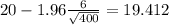 20-1.96\frac{6}{\sqrt{400}}=19.412