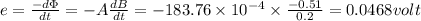 e=\frac{-d\Phi }{dt}=-A\frac{dB}{dt}=-183.76\times 10^{-4}\times \frac{-0.51}{0.2}=0.0468volt