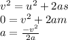 v^2=u^2+2as\\0=v^2+2am\\a =\frac{-v^2}{2a}