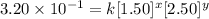3.20\times 10^{-1}=k[1.50]^x[2.50]^y