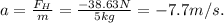 a=\frac{F_H}{m} =\frac{-38.63N}{5kg} =-7.7m/s.