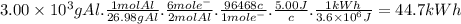 3.00 \times 10^{3} gAl.\frac{1molAl}{26.98gAl} .\frac{6mole^{-}}{2molAl}.\frac{96468c}{1mole^{-}}.\frac{5.00J}{c}.\frac{1kWh}{3.6 \times 10^{6}J} =44.7kWh